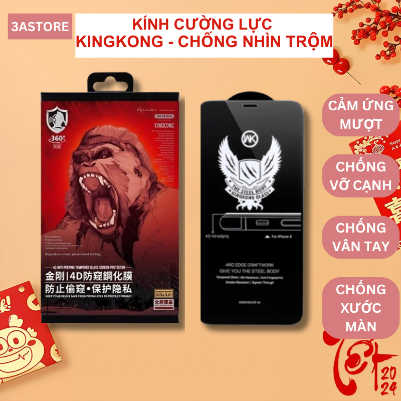 Kính Cường Lực Iphone Chống Nhìn Trộm 4D Kingkong Wk Wekome Chống Vân Tay Cho Ip 7 8 Plus 11 12 13 14 Pro Max 3Astore