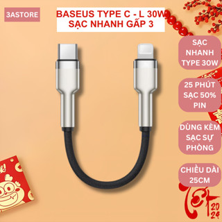 Cáp ngắn Baseus 23cm type c to lighting sạc nhanh 18w 20w 30w sạc pin dự phòng điện thoại tai nghe 3astore