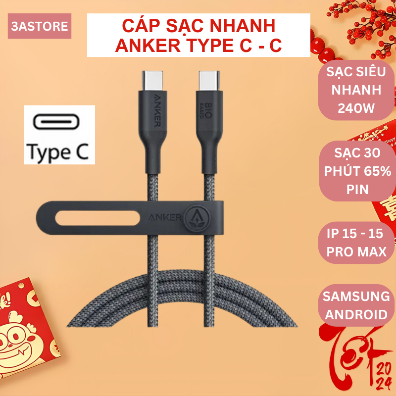 Dây cáp sạc nhanh Anker 544 240w Type C - Type C Bio - Based Nylon sạc siêu nhanh 25w 45w 60w 100w 1