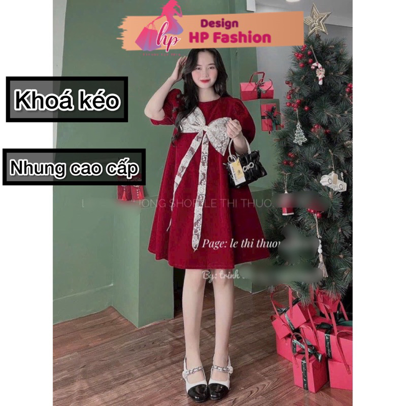 Đầm babydoll tay phồng màu đỏ noel tết HP FASHIONTREND váy nữ kiểu phối nơ ren tôn dáng sang chảnh G656
