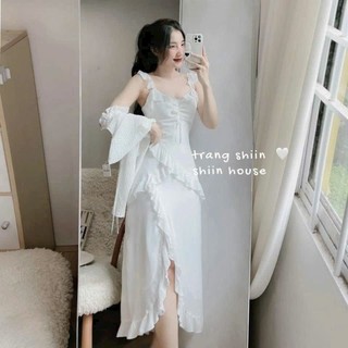 Đầm thời trang nữ kèm áo khoác tay dài chất lụa cổ dây không tay dáng váy dài 2 lớp chéo lai phối ren dài maxi.