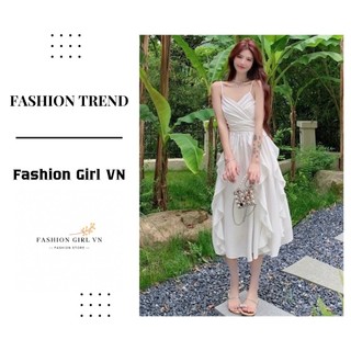ĐẦM TRẮNG HAI DÂY CỔ CHỮ V XẾP LY NHÚN BÈO THỜI TRANG CHO NỮ