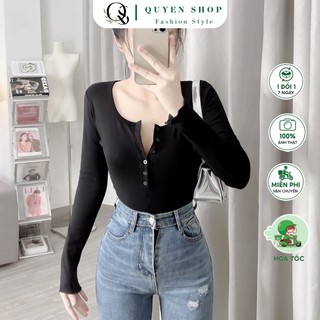 Áo thun cổ trụ nút kiểu dáng ôm thời trang qs quyen shop