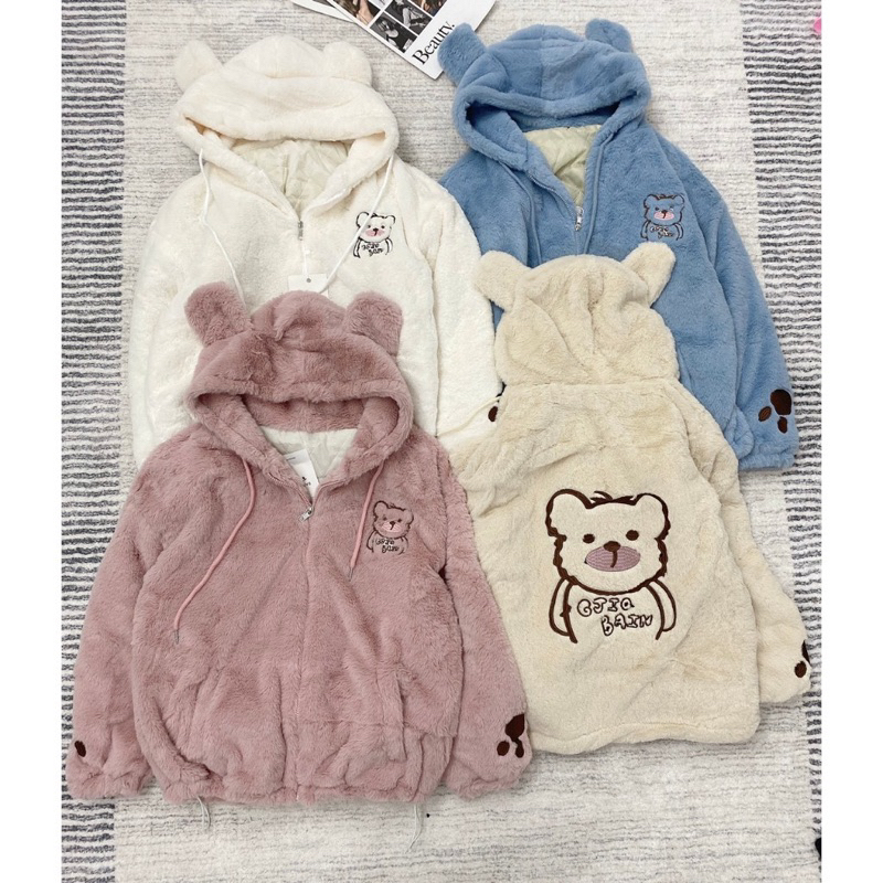 Áo khoác lông mũ thêu gấu lưng unisex