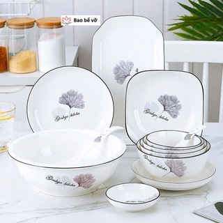 Bát đĩa sứ decor hoạ tiết lá dùng lò ví sóng,chén đĩa sứ bát đẹp, đĩa đẹp, đĩa sứ, bát sứ, đĩa decor, bát tô canh
