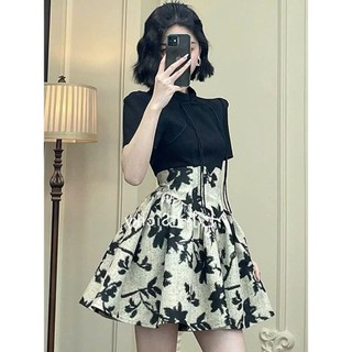 Đầm xòe tay ngắn phối màu sang trọng,đầm hoa poly dáng cột dây xinh xĩu, đầm nữ đẹp sang