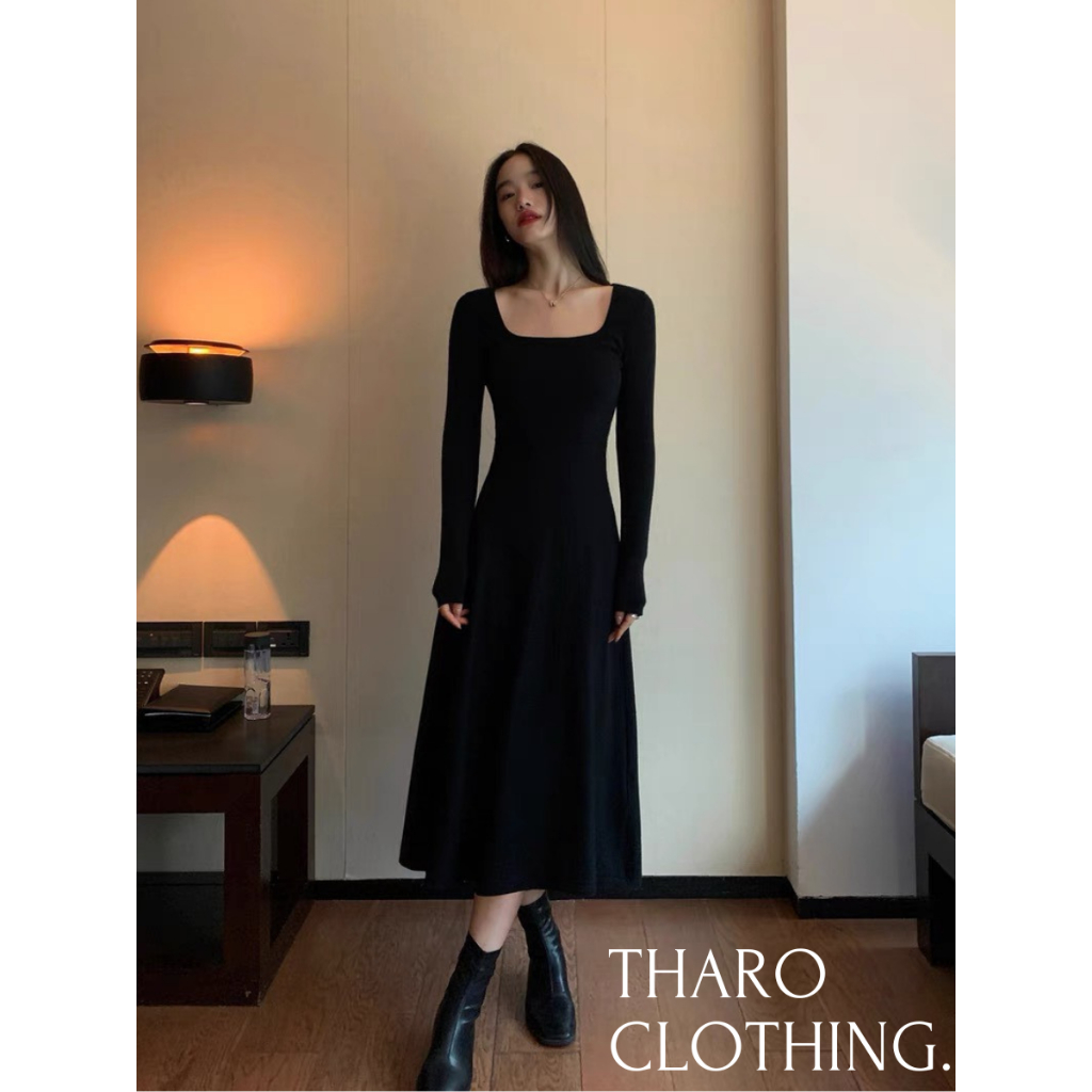 Đầm Xòe Chữ A, Cổ Vuông Tay Dài Basic - Tharo Clothing [DAM00024]