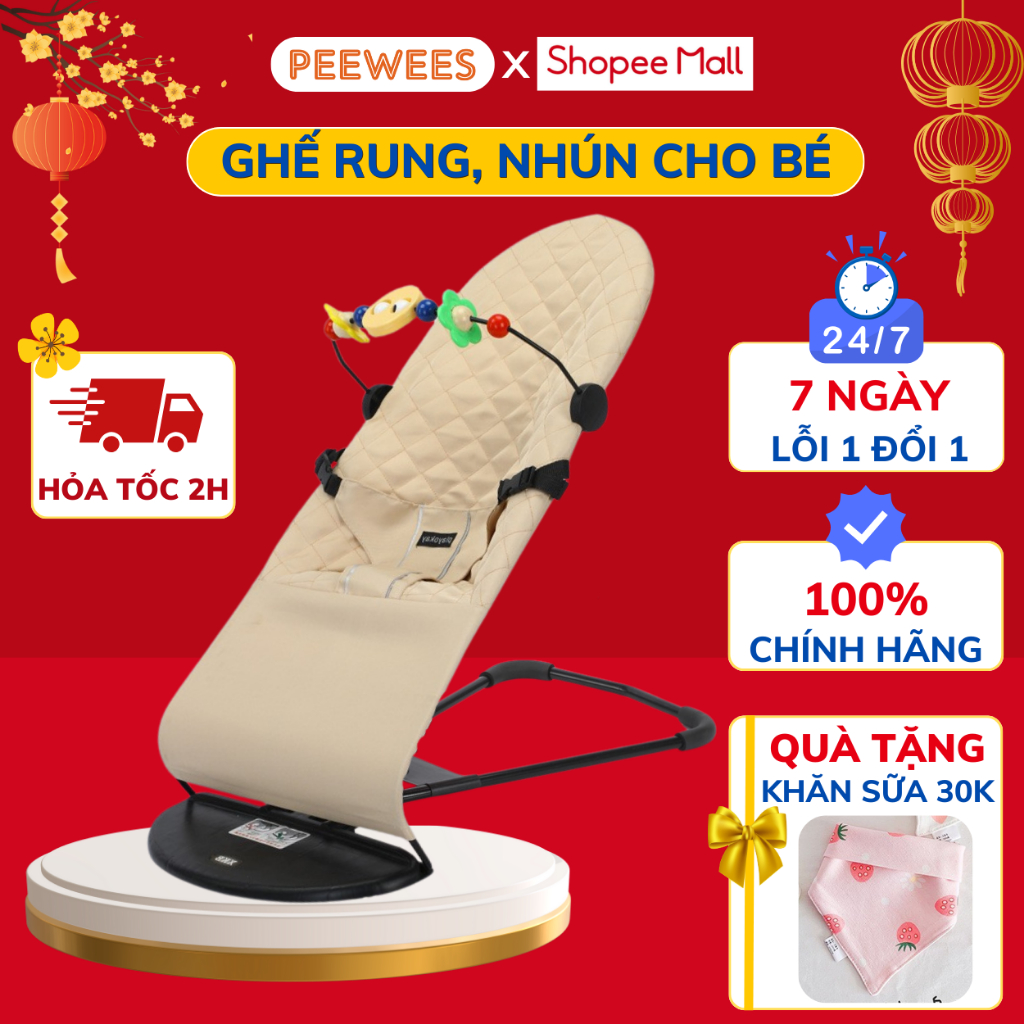 Ghế Nhún Rung Cao Cấp Cho Bé Sơ Sinh PEEWEES, Chống Võng Lưng, Chất Vải Cotton Thoáng Mát Giúp Bé Nằm Thoải Mái Dễ Chịu