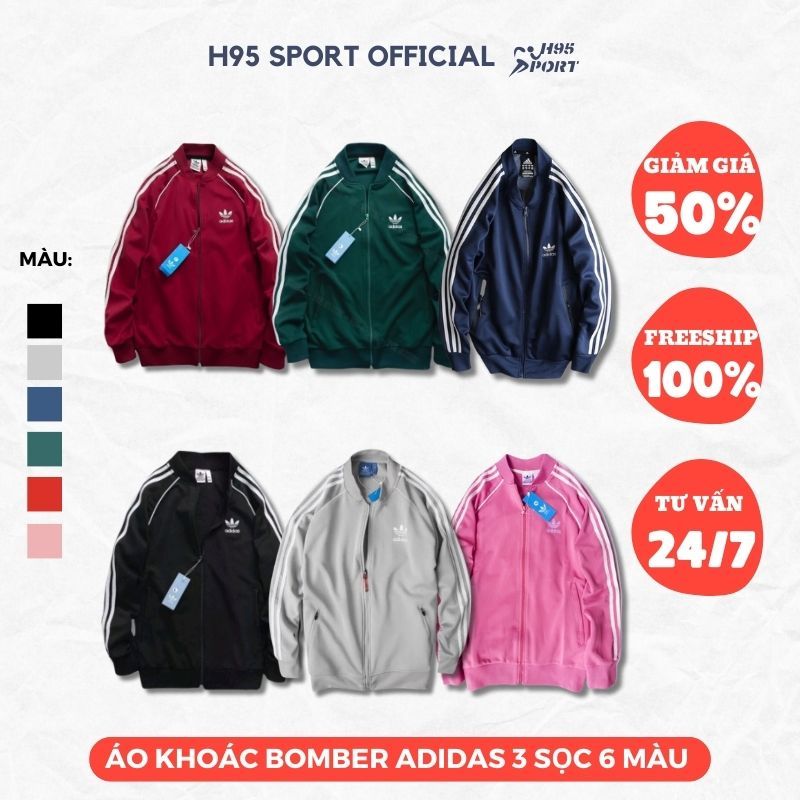 Áo khoác Bomber, áo khoác thể thao nam nữ Adidas 3 sọc vải thun poly 2 da cao cấp logo thêu - H95 Sport Official