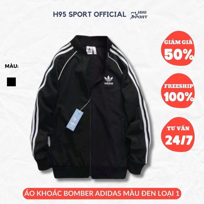 Áo khoác Bomber màu đen chất poly 2 da cao cấp logo thêu, áo khoác thể thao nam nữ Adidas 3 sọc - H95 Sport Official