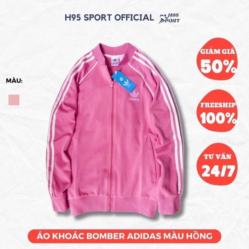 Áo khoác bomber nam nữ màu hồng loại 1 logo thêu, áo khoác Adidas 3 sọc chất poly 2 da cao cấp - H95 Sport Official