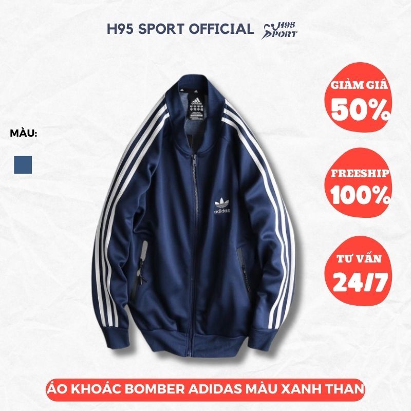 Áo khoác bomber nam nữ màu xanh than logo thêu, áo khoác Adidas 3 sọc hàng loại 1 chất poly 2 da cao cấp - H95 Sport Off