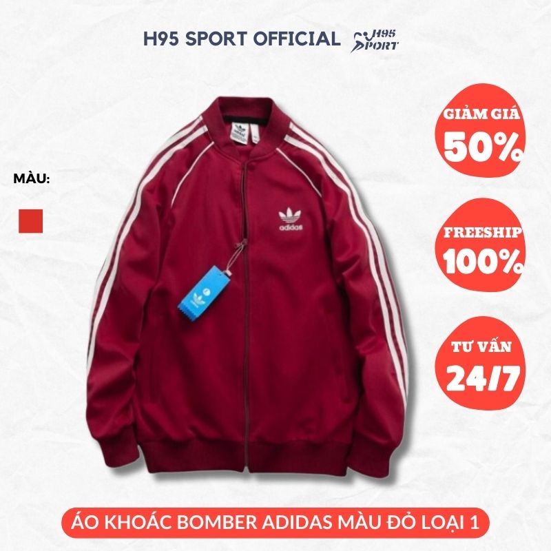 Áo khoác bomber nam nữ màu đỏ, áo khoác Adidas 3 sọc chất poly 2 da cao cấp hàng loại 1 logo thêu - H95 Sport Official