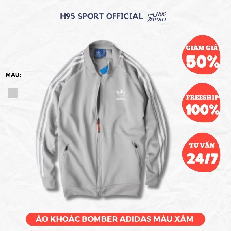 Áo khoác Bomber Adidas 3 sọc màu xám, áo khoác thể thao nam nữ vải thun poly 2 da cao cấp logo thêu - H95 Sport Official