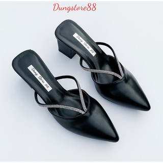 Sục Cao Gót Giày Cao Gót DUNGSTORE88  Mũi Nhọn Gót Vuông 5p Trang Trí Dây Đính Đá Cực Hót Mã-dd023