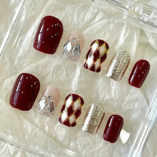 Nail box tết - móng tay giả noel giáng sinh tone đỏ đính đá - nail box móng tay giả tết màu đỏ