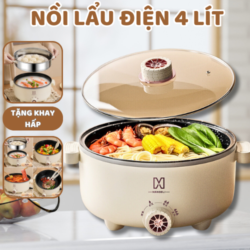 Nồi Lẩu Điện MANDELI Hiệu Suất Lớn 1000W Dung Tích 4L, Kèm Sửng Hấp Inox Lẩu, ChIÊN Dán Xào Đa Năng