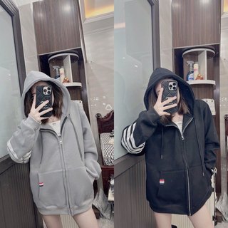 Áo khóa nỉ thom chất nỉ tàu dầy đẹp mũ 2 lớp 4 sọc tay
