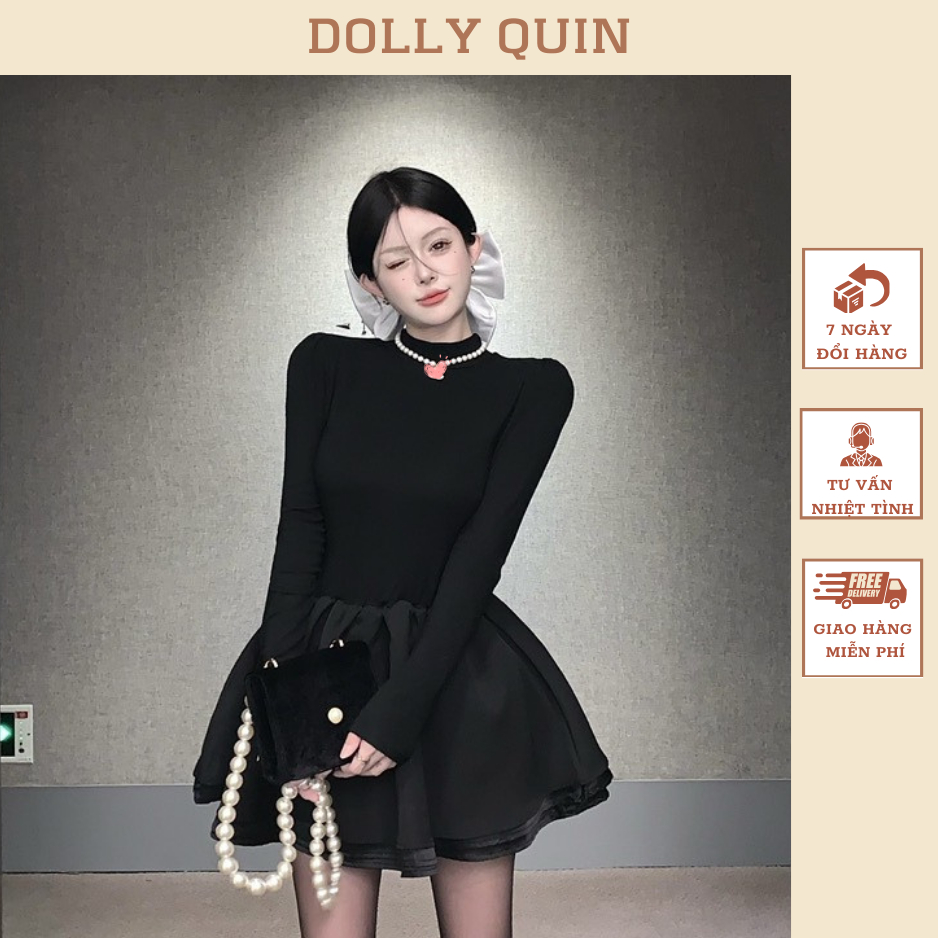 Đầm dự tiệc đen cổ trụ dài tay dáng xòe xếp li 3 lớp, váy đi chơi dài tay sang chảnh cho thu đông D009 Dolly Quin