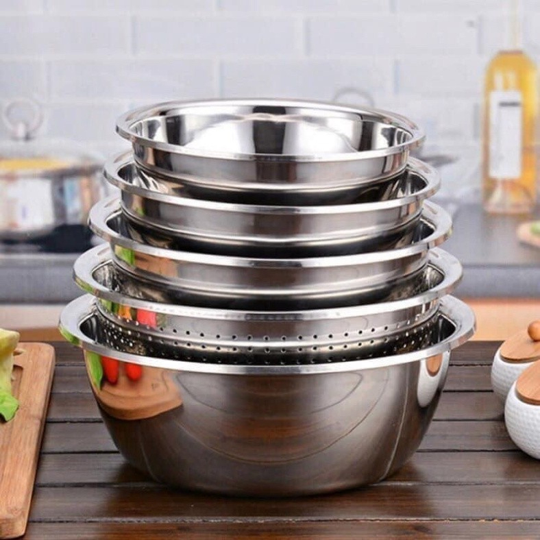 Combo 5 Thau Inox 304, Thau Đựng Rau Bếp Đa Năng