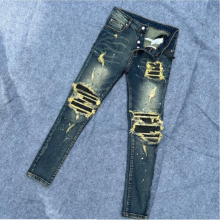 Quần Jean Nam  Amiri Xanh Sẫm Tua Vàng 4 Cúc Vẩy Sơn Vá Da Đen Quần Bò Nam Vladak Lót Da Cao Cấp Chất Co Dãn 4 Chiều