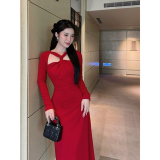 Xecie - Đầm tay dài xoắn ngực Trendy, form midi dài thanh lịch sang trọng
