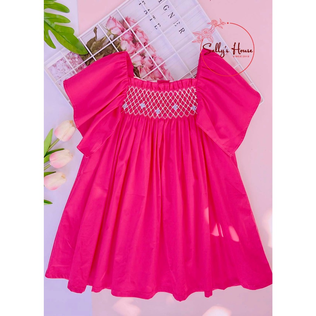 Đầm smock hồng sen thêu hoa vải cotton cổ vuông