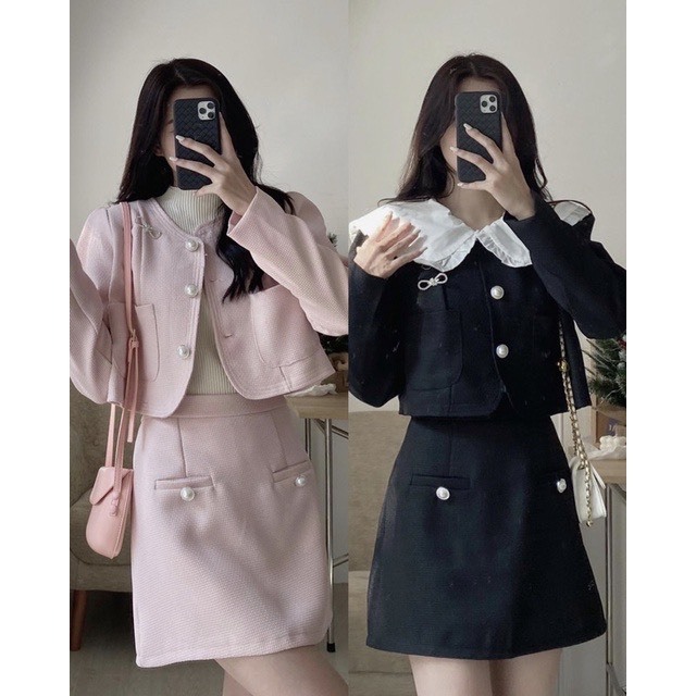 Set áo dạ tweed blazer cổ tàu croptop dài tay kèm chân váy tennis xếp ly ngắn. Set đồ nữ áo khoác dạ kèm chân váy ngắn.