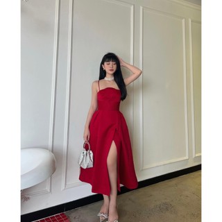 Đầm dự tiệc đầm dạ hội đỏ 2 dây xếp ly ngực bo eo xẻ đùi chất tafta sang trọng, thanh lịch Rossy Fashion