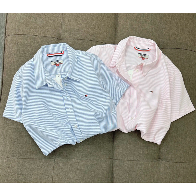 Sơmi sọc thêu logo TM tay ngắn