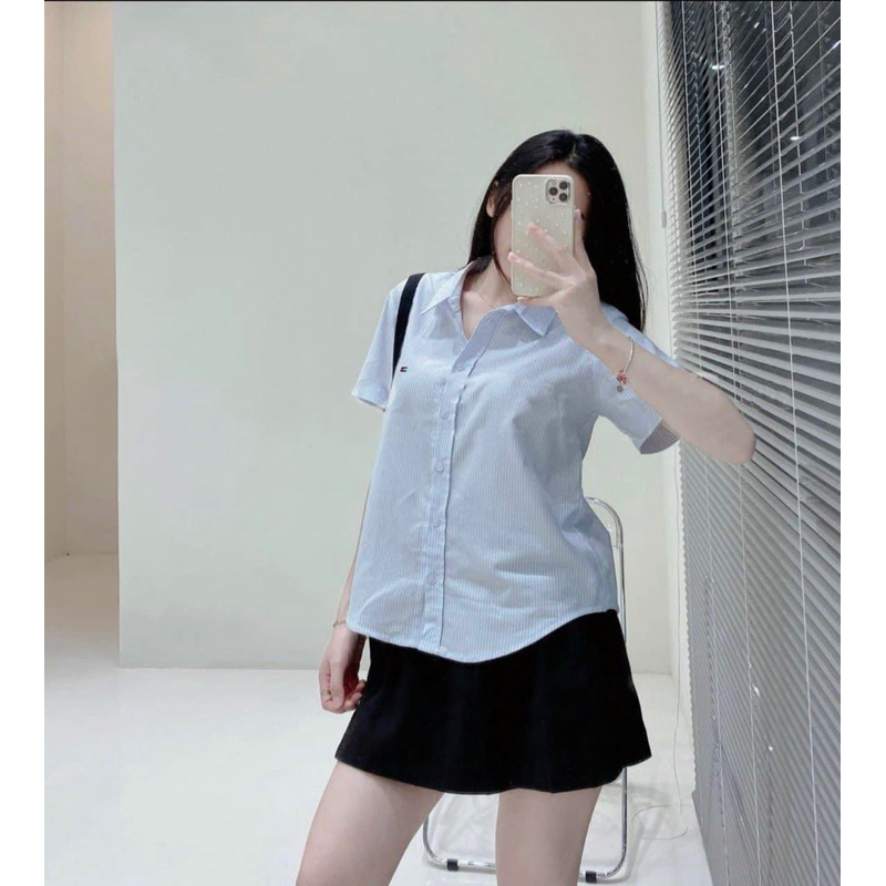 Sơmi sọc thêu logo TM tay ngắn