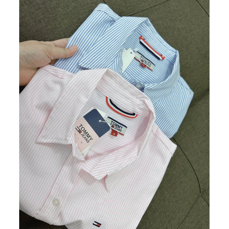 Sơmi sọc thêu logo TM tay ngắn