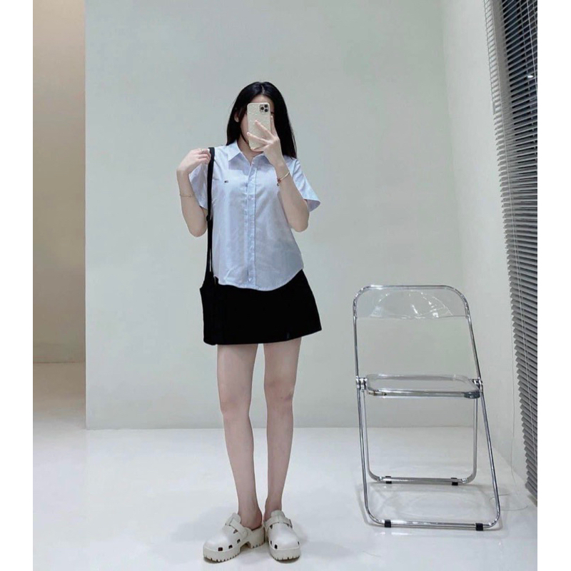 Sơmi sọc thêu logo TM tay ngắn