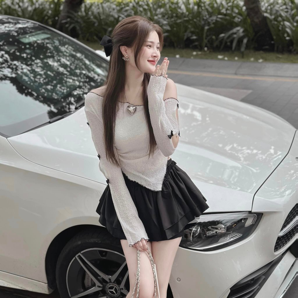 Sét áo lưới nơ(kèm áo ống) và chân váy lưng thun 2 tầng