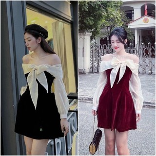 ĐẦM NHUNG PHỐI TƠ NGỰC VÀ TAY KÈM NƠ DÀI TIỂU THƯ SANG CHẢNH
