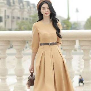 Đầm Charmilles xếp ly tay lỡ Nâu vàng 23MD357NV