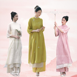 BST áo dài Nhã Trúc Dáng xuông dễ mặc vải voan mềm voan tơ crep thêu hoa chuẩn màu phù hợp mặc đi mọi sự kiện