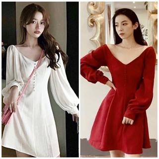 Đầm cổ V tay dài nút bọc 2 màu