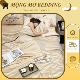 Bộ chăn ga gối lụa Dream City Lông Vũ đủ màu, Set 4 món chăn ga gối chất phi lụa mềm mại trần bông micro trơn mượt