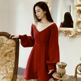 Đầm cổ V tay dài nút bọc 2 màu