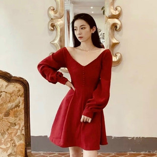 Đầm cổ V tay dài nút bọc 2 màu
