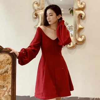 Đầm cổ V tay dài nút bọc 2 màu