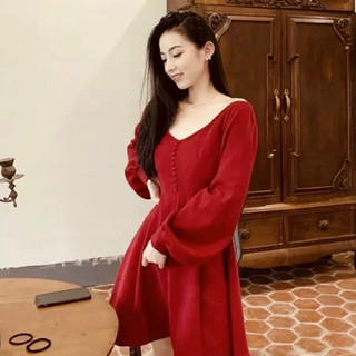 Đầm cổ V tay dài nút bọc 2 màu