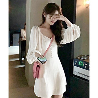 Đầm cổ V tay dài nút bọc 2 màu