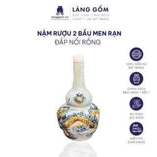 Nậm rượu thờ cúng 2 bầu - bình rượu thờ cúng men rạn đắp nổi họa tiết sen, rồng tinh xảo - gốm sứ bát tràng - làng gốm
