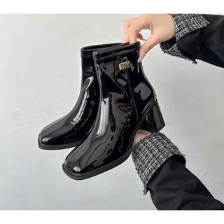 Giày boot nữ cao gót 7p đế vuông, boot lửng nữ thời trang hoạ tiết miu da bóng khoá kéo sau lót lông!