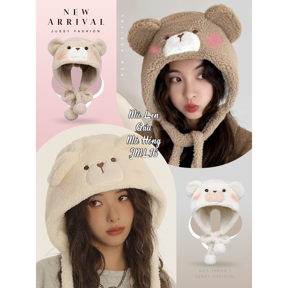 Mũ Len Gấu Má Hồng JML17 Mc Mr & Mrs Cap Kèm Dây Quai Tròn Dễ Thương Giữ Ấm Chất Lông Dày Mịn Hot Trend