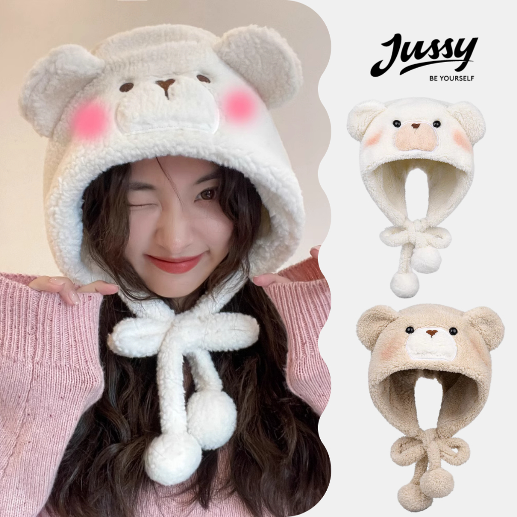 Mũ Len Gấu Má Hồng JML17 Mc Mr & Mrs Cap Kèm Dây Quai Tròn Dễ Thương Giữ Ấm Chất Lông Dày Mịn Hot Trend