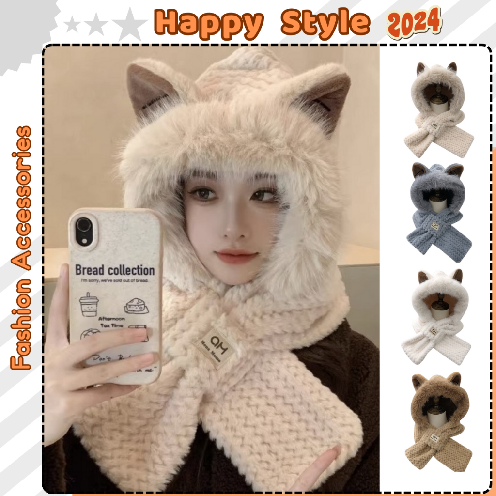 Mũ Lông Tai Cáo ❤️ Nón Trùm Đầu Kèm Khăn Vắt Chéo Mùa Đông Ấm Áp Form Unisex Nam Nữ N204