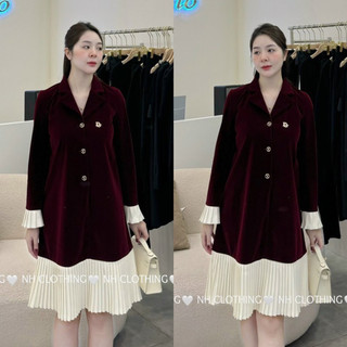 Váy xuông thiết kế cao cấp tiều thư nhung cổ vest chân xếp ly